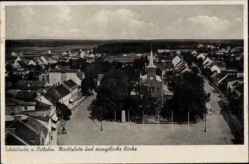 Ak Trzcianka Schönlanke Ostbahn Poznań Posen, Marktplatz, evangelische Kirche