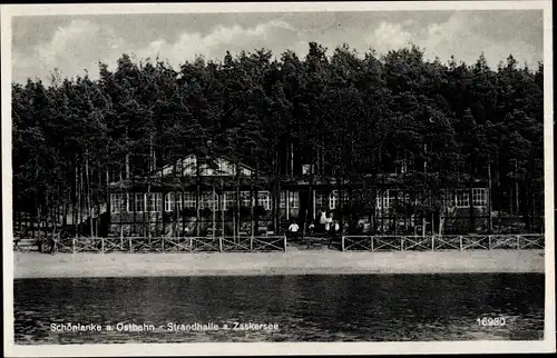 Ak Trzcianka Schönlanke an der Ostbahn Posen, Strandhalle am Zaskersee