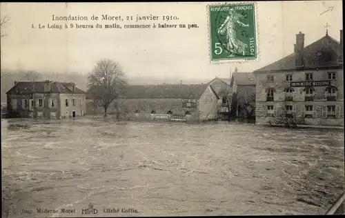 Ak Moret Seine et Marne, Inondation 21 Janvier 1910, Le Loing a 9 heures du matin, ImprimerieModerne