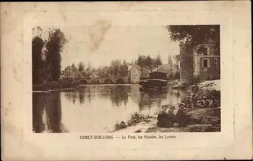 Präge Passepartout Ak Moret sur Loing Seine et Marne, Le Pont, les Moulins, les Lavoirs