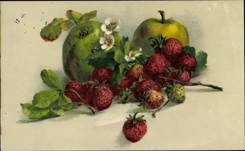Ak Stilleben mit Äpfeln und Erdbeeren