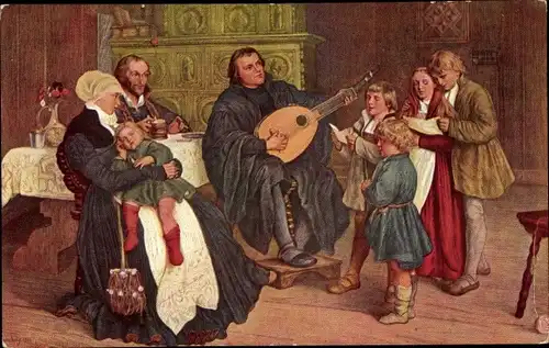 Künstler Ak Spangenberg, G., Luther im Kreise seiner Familie, Kachelofen