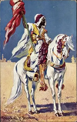 Künstler Ak Donadini, Antonio Ermenegildo, Krieger mit Fahne zu Pferd