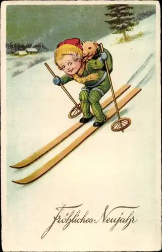 Ak Glückwunsch Neujahr, Skifahrer, Glücksschwein im Rucksack