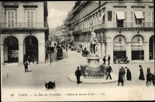 Ak Paris I., La Rue des Pyramides, Statue de Jeanne d'Arc, Hotel Regina