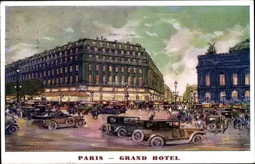 Künstler Ak Paris IX., Grand Hotel, Straßenpartie, Autos