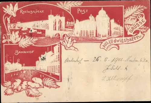 Präge Ak Ludwigshafen am Rhein, Post, Rheinbrücke, Bahnhof
