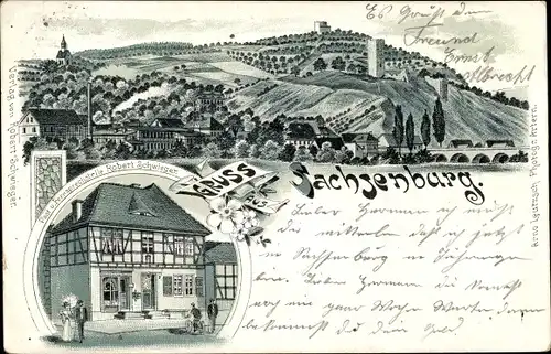 Litho Sachsenburg im Kyffhäuserkreis Thüringen, Post und Fernsprecherstelle, Totalansicht