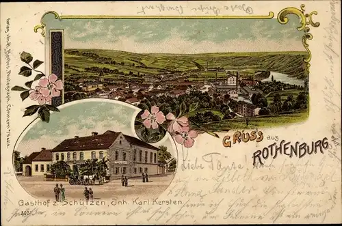 Litho Rothenburg an der Saale Wettin Löbejün, Gasthof zum Schützen, Totalansicht