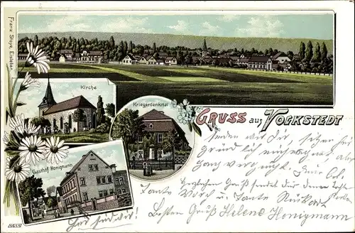 Litho Volkstedt Lutherstadt Eisleben, Kirche, Kriegerdenkmal, Gasthof, Blick auf den Ort