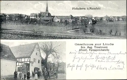 Ak Piskaborn Mansfeld im Harzvorland, Gasthaus zur Linde, Blick auf den Ort