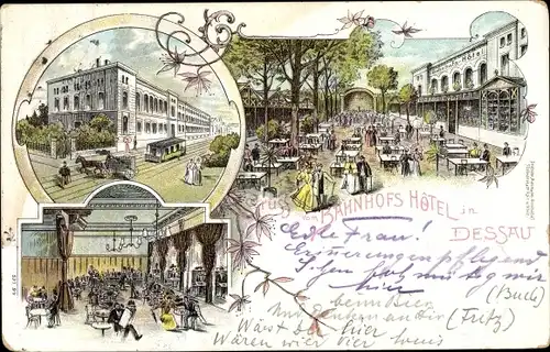 Litho Dessau in Sachsen Anhalt, Bahnhofs Hotel, Straßenbahn, Innenansicht