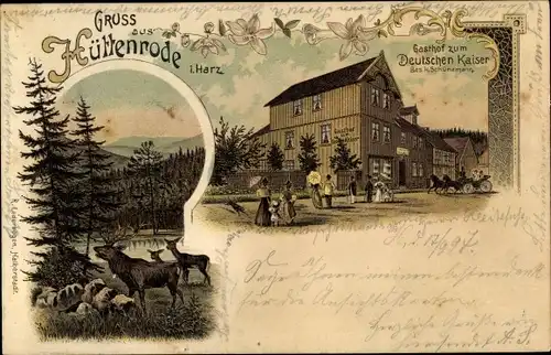 Litho Hüttenrode Blankenburg am Harz, Gasthof zum Deutschen Kaiser, Hirsche