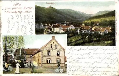 Ak Stecklenberg Thale im Harz, Hotel zum grünen Walde, Lauenburg, Panorama vom Ort