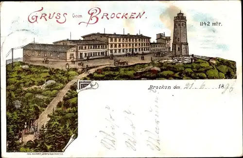 Litho Brocken Nationalpark Harz, Brockenturm, Brockenhotel