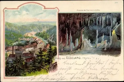 Litho Rübeland Oberharz am Brocken, Hermannshöhle, Innenansicht, Blick auf den Ort