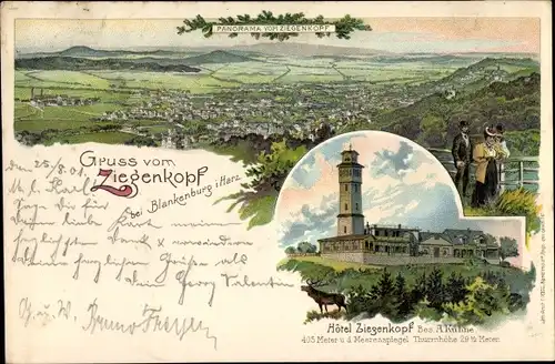 Litho Blankenburg am Harz, Hotel Ziegenkopf, Blick auf den Ort