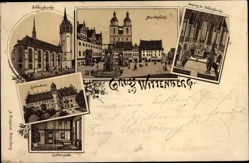 Litho Lutherstadt Wittenberg, Schlosskirche, Innenansicht, Marktplatz, Lutherhaus
