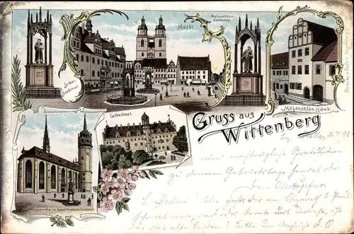 Litho Lutherstadt Wittenberg, Melanchthonhaus, Lutherdenkmal, Markt, Schlosskirche, Lutherhaus