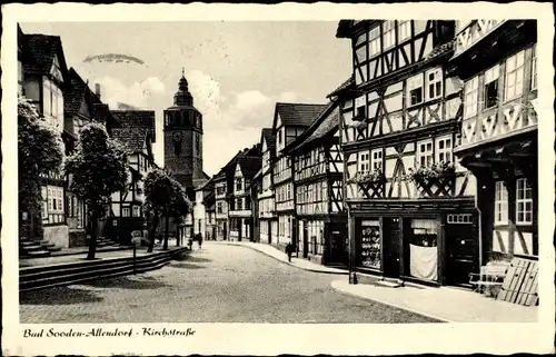 Ak Bad Sooden Allendorf in Hessen, Kirchstraße, Fachwerkhäuser, Geschäfte, Kirche