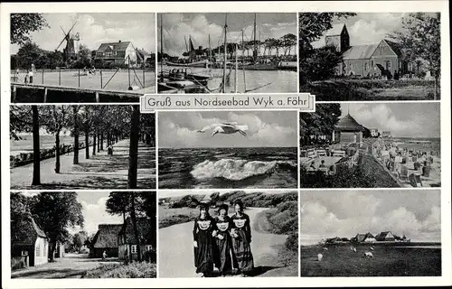 Ak Wyk auf Föhr Nordfriesland, Windmühle, Tachten, Panorama, Strand, Promenade