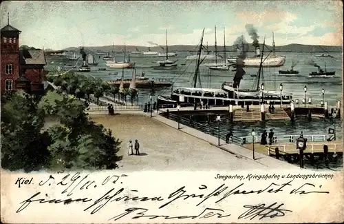 Litho Hansestadt Kiel, Seegarten, Kriegshafen, Landungsbrücken