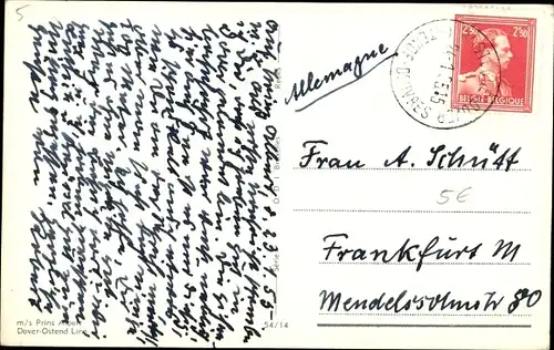 Ak M.S. Prins Albert, Dover Ostend Line, Fährschiff, Ansicht Backbord