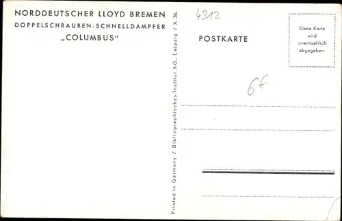 Ak Doppelschraubenschnelldampfer Columbus, Norddeutscher Lloyd Bremen