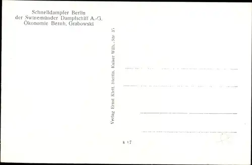 Ak Schnelldampfer SS Berlin, Swinemünder Dampfschiff AG