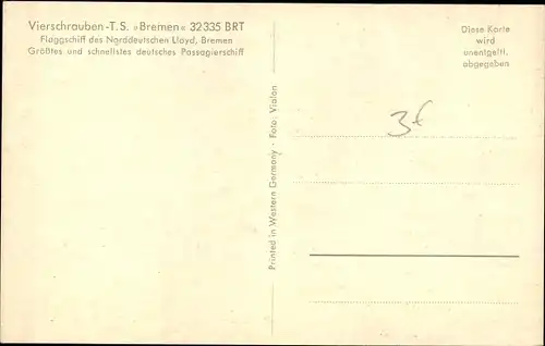 Ak Vierschrauben TS Bremen, Dampfschiff, Norddeutscher Lloyd