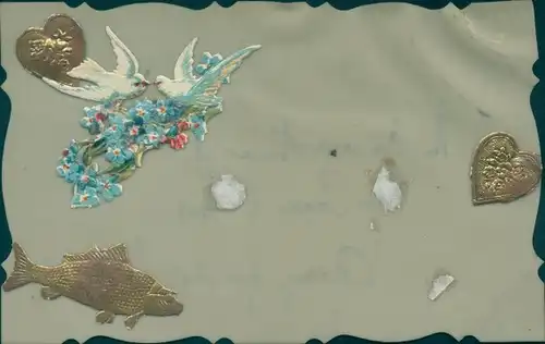 Zelluloid Ak Fisch, Herzen, Tauben, Vergissmeinnicht