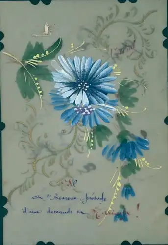 Zelluloid Ak Blaue Blüten, Blätter