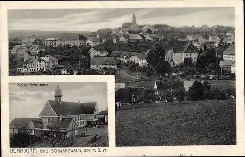 Ak Bonndorf im Schwarzwald, Neues Schulhaus, Totalansicht der Ortschaft