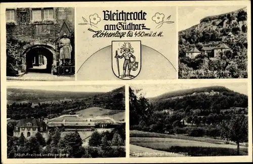 Ak Bleicherode am Harz, Jugendherberge, Waldschlösschen, Freibad, Vogelberg, Kriegerdenkmal