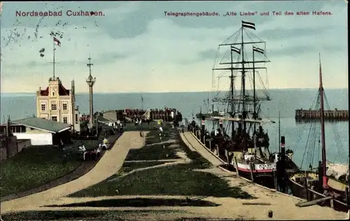 Ak Nordseebad Cuxhaven, Telegrafengebäude Alte Liebe, Alter Hafen, Segelschiff