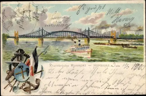 Litho Homberg Ruhrort Duisburg im Ruhrgebiet, Rheinbrücke