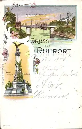 Litho Ruhrort Duisburg im Ruhrgebiet, Eingang zum Kaiserhafen, Kaiser Wilhelm Denkmal