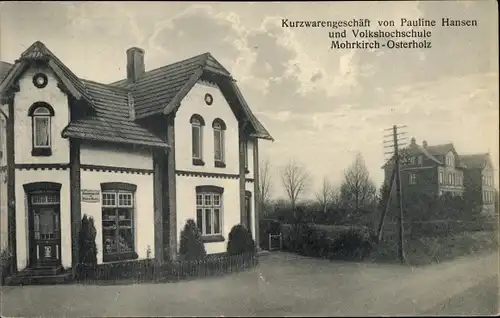 Ak Mohrkirch Osterholz in Schleswig Holstein, Kurzwarengeschäft, Volkshochschule