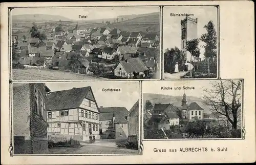 Ak Albrechts Suhl in Thüringen, Totale, Bismarckturm, Kirche, Schule, Dorfstraße