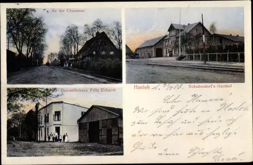 Ak Hasloh in Schleswig Holstein, An der Chaussee, Geschäftshaus Fritz Eckardt, Schadendorf's Gasthof