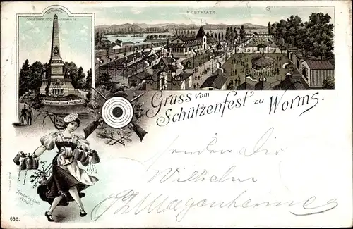 Litho Worms am Rhein, Schützenfest, Festplatz, Denkmal Großherzog Ludwig IV