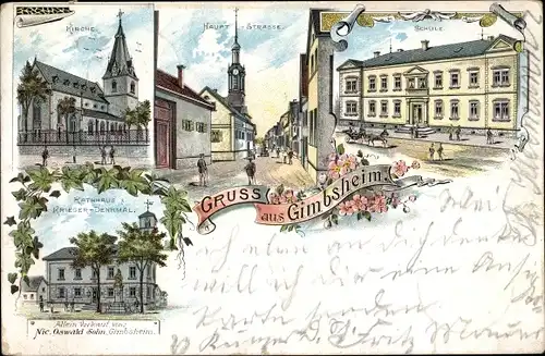 Litho Gimbsheim in Rheinland Pfalz, Kirche, Schule, Rathaus, Kriegerdenkmal