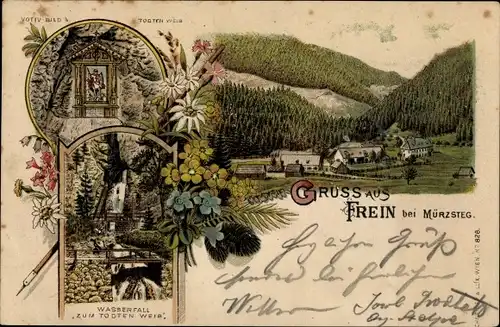 Litho Frein in der Steiermark, Votivbild, Wasserfall Zum Todten Weib, Blick auf den Ort