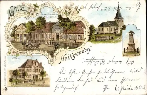 Litho Heiligendorf Wolfsburg in Niedersachsen, Kirche, Kriegerdenkmal, Gastwirtschaft, Schule