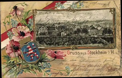 Präge Wappen Passepartout Litho Stockheim Glauburg in Hessen, Totalansicht der Ortschaft
