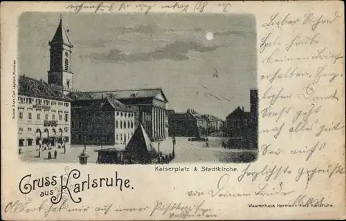 Mondschein Ak Karlsruhe in Baden, Kaiserplatz, Stadtkirche, Nacht