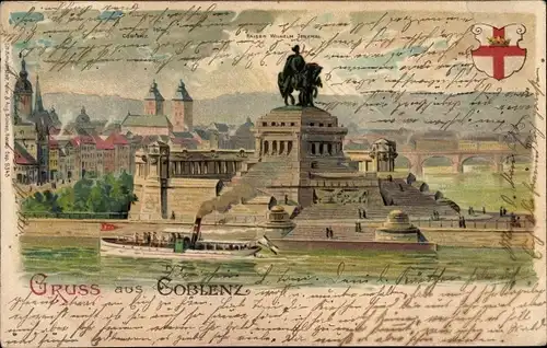 Litho Koblenz am Rhein, Kaiser Wilhelm Denkmal, Stadt