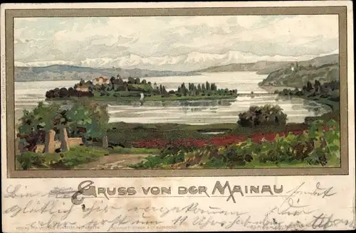 Künstler Litho Insel Mainau im Bodensee, Landschaftsblick, Gebirge