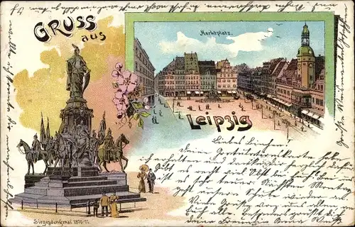 Litho Leipzig in Sachsen, Siegesdenkmal1870-71, Marktplatz