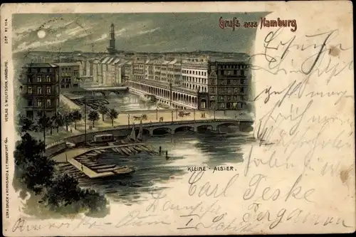 Mondschein Litho Hamburg Mitte, Kleine Alster bei Nacht